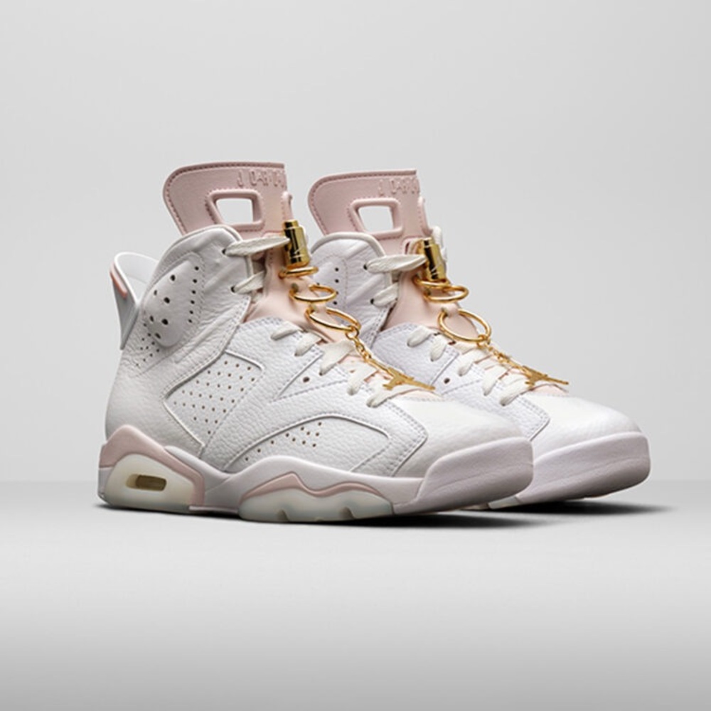 Jordan 6 Retro gold hoops, barely rose women size 11